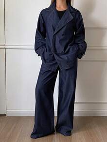 DAZY 女式休闲翻领插肩袖上衣和牛仔裤套装，秋季 - 深色水洗藍 - 查看 4