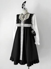 Sunspun 长袖拼色蕾丝腰部收腰连衣裙，秋冬 - 黑與白 - 查看 3