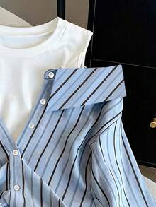 SHEIN 女款二合一条纹纯色长袖上衣 - 藍色 - 查看 6