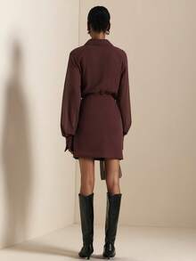 SHEIN Veneréa 2pcs Women Set: Simple Turn-Down Collar Long Sleeve Shirt With Side Rhinestone Button Pleated Ruffle Hem Short Skirt  Brown Outfit Women - Maroon - View 2