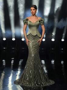 Glamrae Elegant Dark Green Off-The-Shoulder Dress With Exaggerated Three-Dimensional Flowers And Hand-Cut Rhinestones. The Asymmetrical Waist Shape Is Made Of Satin With Gorgeous Beads And Sequins. The Fishtail Shape Is Suitable For Dates, Vacations, Bachelorette Parties, Holidays, Business Dinners, Christmas, Weddings And Other Events. - Olive Green - View 2