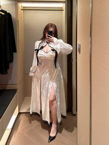 Vibekara 春夏秋季优雅新款甜美可爱设计提花拼接雪纺面料中袖长袖新款中国风改良旗袍长裙拼接蕾丝蝴蝶结侧开衩性感长裙