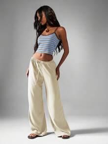 MISSGUIDED Quần Palazzo ống đứng bằng vải satin Hammered có dây rút, cạp chun tạo sự thoải mái khi mặc thường ngày - Xám - Xem 3