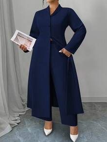 SHEIN Tall CURVE Bộ 2 món Elenzga cỡ lớn cho nữ, màu trơn, cổ cài nút, áo khoác dài và quần dài - Màu xanh hải quân - Xem 4