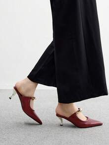 CUCCOO BIZCHIC 女士尖头细高跟鞋，优雅通勤工作办公室正式场合鞋，勃艮第酒红色 PU 皮革穆勒鞋，带金属新月形扣装饰 - 酒紅色 - 查看 5