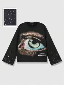 ROMWE MEN Street Life Men's Fashion Eye Print Rhinestone Embellished Long Sleeve T-Shirt, For Fall - Black - View 1