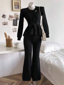 2 件套青少年女童秋冬毛衣套装，优雅粗针织套头毛衣，腰部系带蝴蝶结，搭配直筒裤 - 黑色 - 查看 1