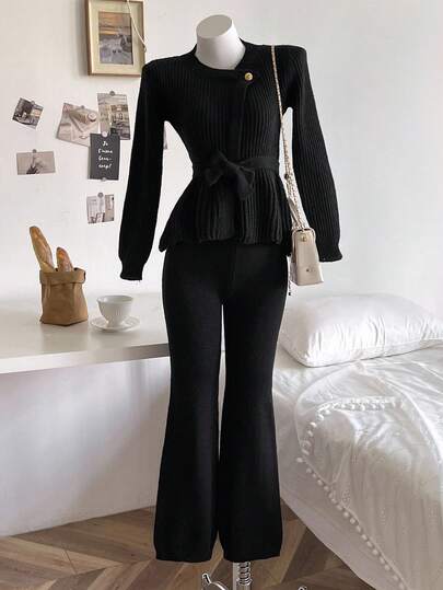 2-delat tröjset för tweenflickor för höst/vinter, elegant grovstickad tröja med knytband i midjan, i kombination med raka byxor