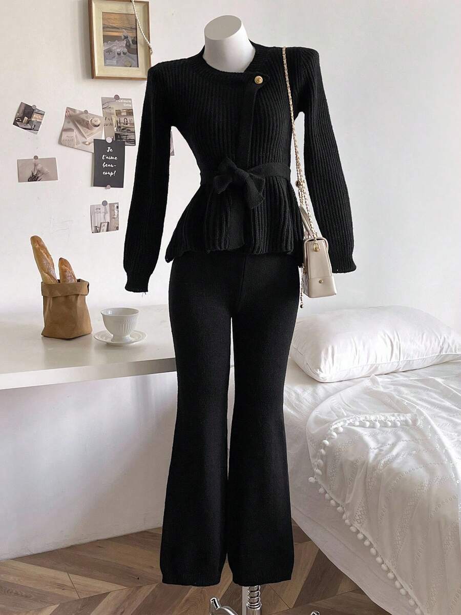2 件套青少年女童秋冬毛衣套装，优雅粗针织套头毛衣，腰部系带蝴蝶结，搭配直筒裤 - 黑色 - 查看 1