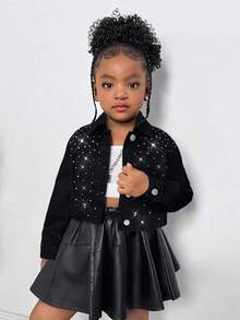 SHEIN Young Girl' Rhinestone Embellished Gray Denim Lapel Long Sleeve Cropped Loose Jacket - Black - View 3