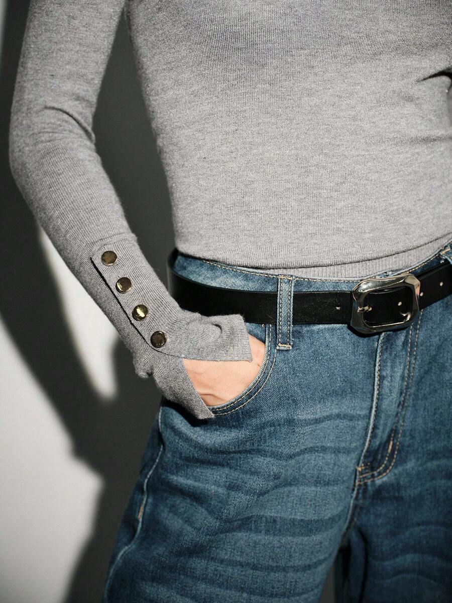 Lumivelle Áo thun dệt kim tay dài cổ tròn đa năng, thoải mái, phù hợp với mọi phong cách - Xám - Xem 1