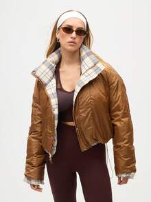 Eassivo Eassivo Women's Plaid Zip-Up Long Sleeve Padded Coat - Khaki - View 3