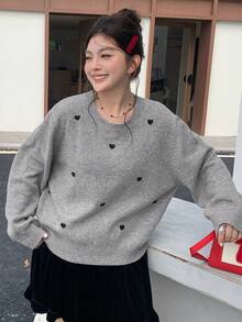 Dazy Plus 大码女式心形提花休闲套头衫，秋冬