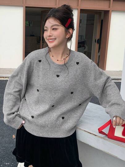 Dazy Plus 大码女式心形提花休闲套头衫，秋冬