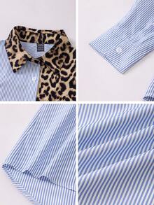 SHEIN PETITE 秋季法式优雅豹纹撞色条纹宽松休闲长袖衬衫，适合女士冬季穿着，也适合夏季、圣诞节、新年、感恩节、派对、海滩、毕业典礼等场合。这款衬衫优雅时尚，适合正式场合，也可作为女士正装、性感服饰、度假装、时尚休闲通勤装、商务办公装、百搭时尚日常休闲装以及都市教师职业装。 - 棕色 - 查看 9