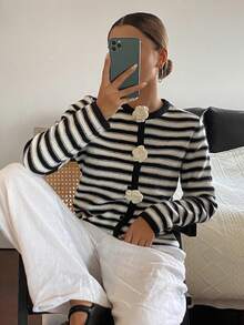 Livesso Women's Elegant Contrast Color Striped Pattern 3D Floral Decor Loose Cardigan, Autumn/Winter - Black and White - View 6