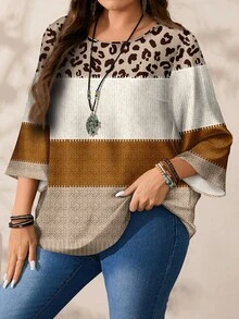 EMERY ROSE Camisa holgada de cuello redondo con estampado integral para mujer de talla grande, otoño/invierno - Caqui - Ver 7