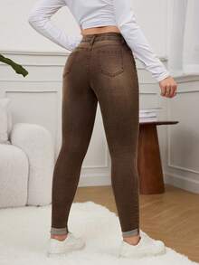 SHEIN EZwear 春季高腰破洞紧身牛仔裤 - 咖啡棕 - 查看 2