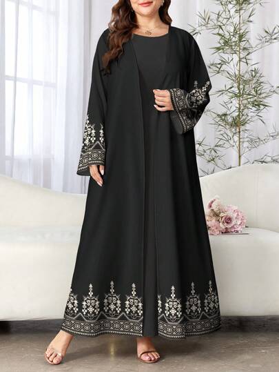 SHEIN Najma Plus Size Women's Rhombus Floral Print Long Sleeve Casual Arabic Abaya, Suitable For Spring And Autumn