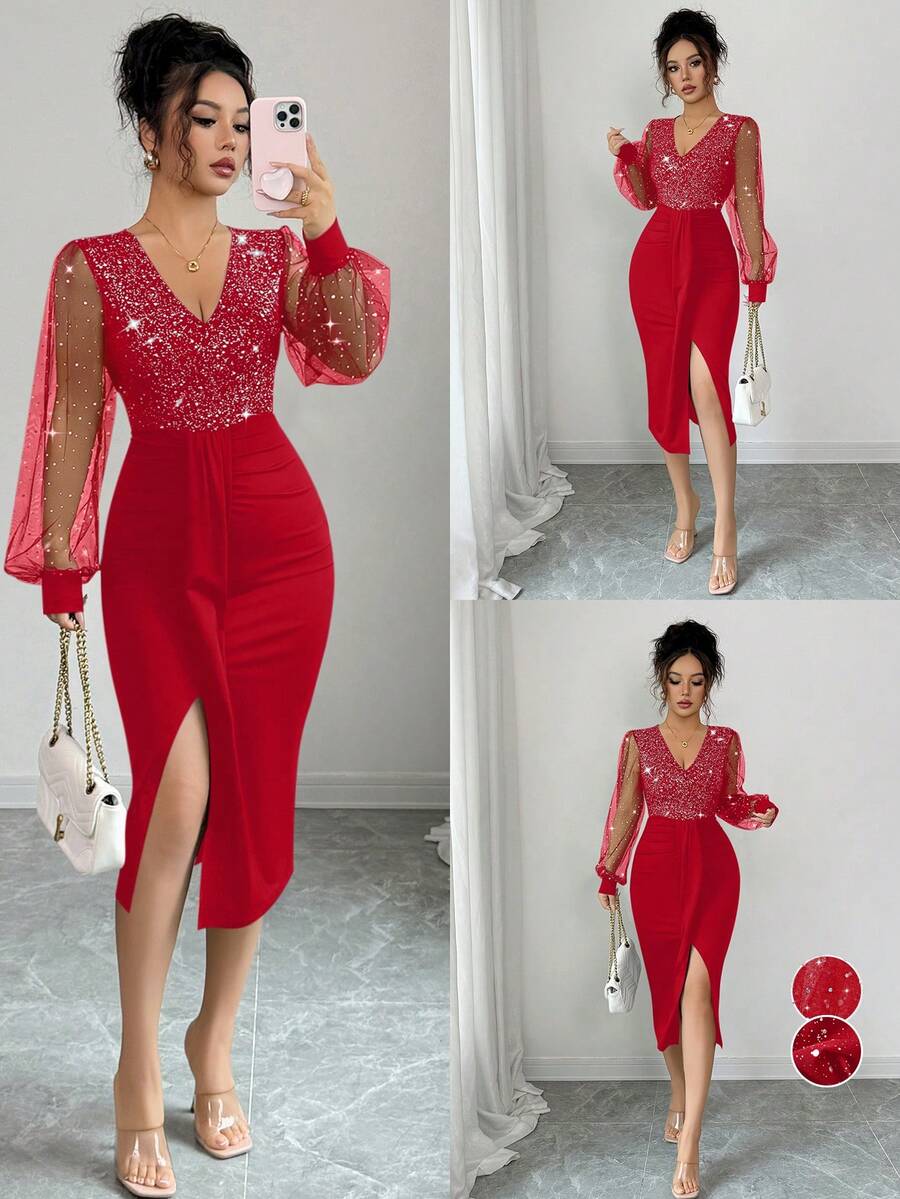 EMERY ROSE 女式亮片闪亮V领网眼拼接闪光派对连衣裙 - 紅色 - 查看 1