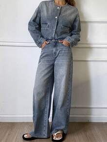 Livesso 女士休闲圆领露脐上衣和牛仔裤套装，秋季 - 藍色 - 查看 3