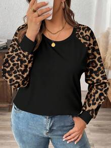 EMERY ROSE Camiseta holgada de mujer de talla grande con cuello redondo, manga raglán y estampado de leopardo texturizado vintage, adecuada para primavera y otoño - Multicolor - Ver 4