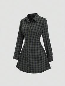 Sweetra 女式复古时尚修身格子圣诞百搭舒适休闲连衣裙，适合秋季 - 墨綠色 - 查看 3