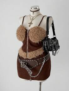 Sunspun Conjunto de 2 piezas de top bandeau y minifalda de parchwork de felpa talla grande para mujer - Marrón - Ver 2