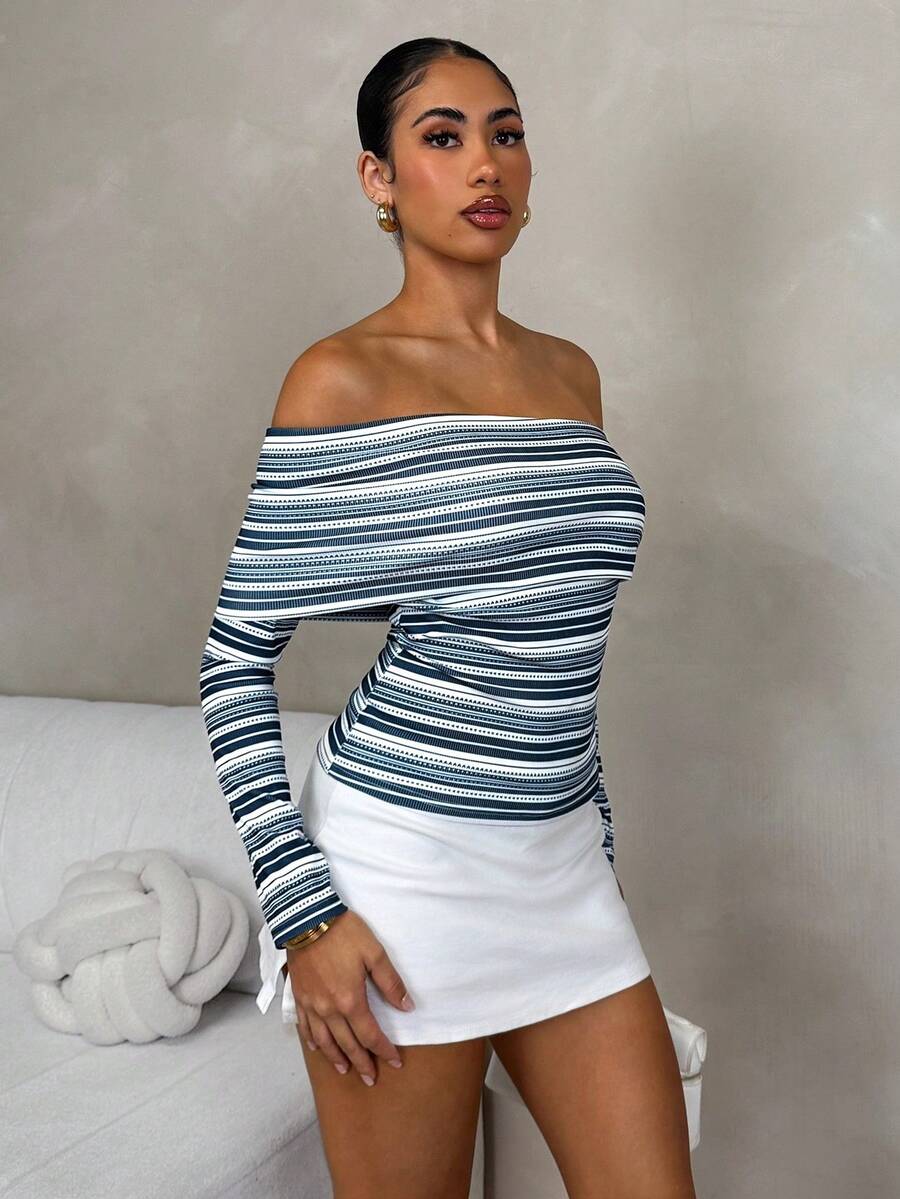 Glamine Women's Asymmetric Neck Ruched Fitted Striped Top, Ladies' 3/4 Sleeve Top - Blue - View 1