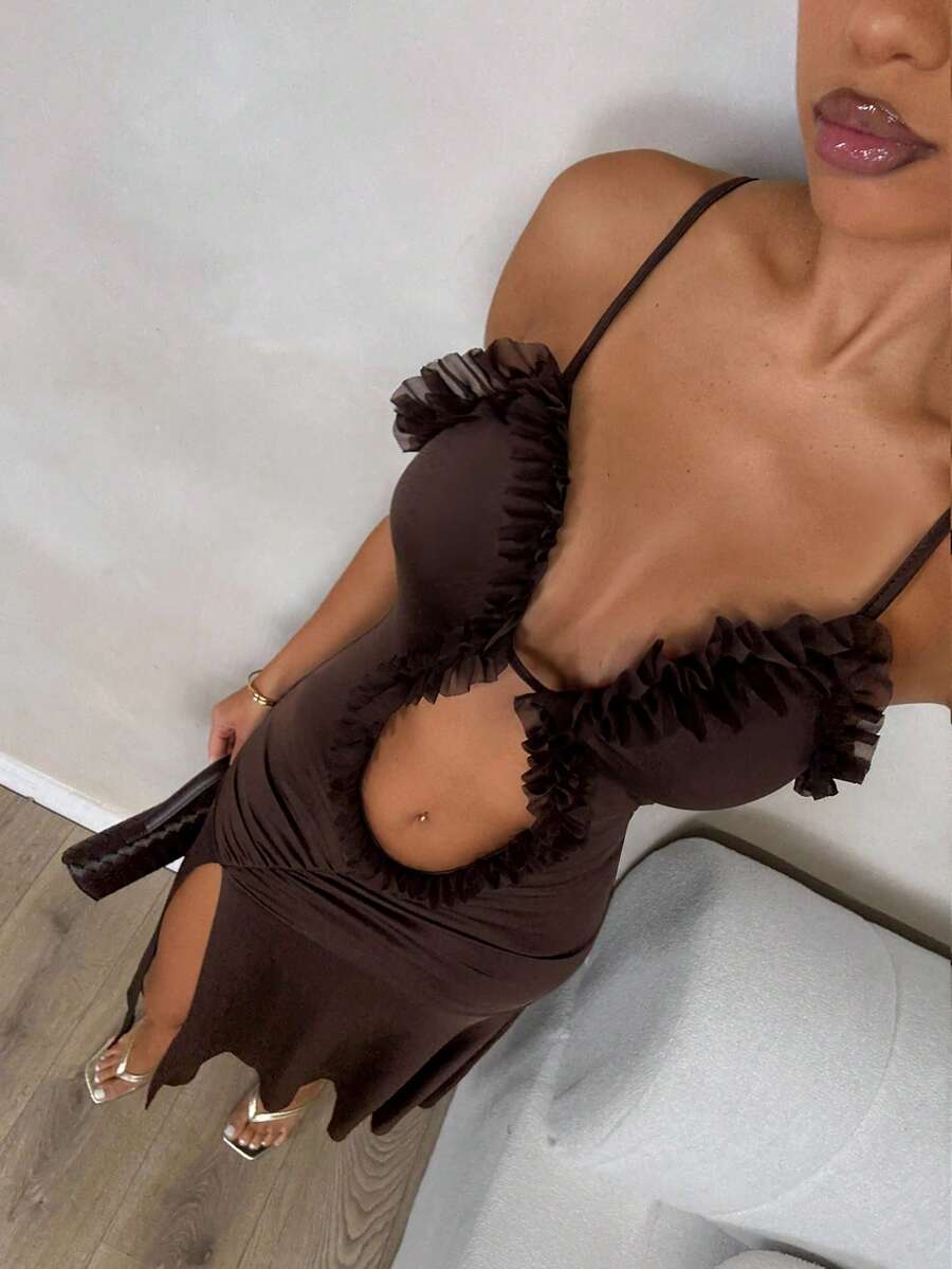 Glamine Vestido sin mangas de unicolor con parches de malla, plisado y hueco para mujer - Café - Ver 1