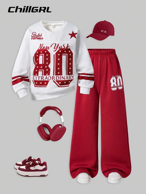 SHEIN 2pcs/Set Tween Girls' Fashion Casual Sweatshirt & Pants Set, Star & Number Print V-Neck Thermal Lined Long Sleeve Sweatshirt Paired With Loose Comfortable Straight Leg Sweatpants, Suitable For Daily, School, Street Style Wear, Autumn/Winter