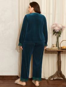 Côtesoire 大码成熟优雅天鹅绒蕾丝V领长袖上衣和裤子睡衣套装，冬季服装 - 墨綠色 - 查看 2