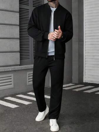 Manfinity CasualCool Men's Solid Color Minimalist Long Sleeve Jacket And Pants Set Men Casual Suit Men Black Dress Pants Men Black Suit Set Men Black And White Outfit Old Money,Men Joggers Suit Daily Leisure, Weekend Trips, Outdoor Activities, Travel Expeditions, Relaxed Work Environments Or Semi-Formal Occasions,Boyfriend/Husband Gift, Anniversary Gift Christmas Outfits