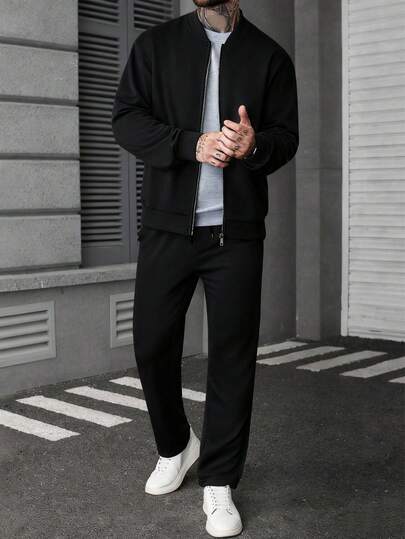 Manfinity CasualCool Herr enfärgad minimalistisk långärmad jacka och byxor set herr casual kostym herr svarta klänningsbyxor herr svart kostym set herr svart och vit outfit gamla pengar, herr joggingdräkt daglig fritid, weekendresor, utomhusaktiviteter, reseexpeditioner, avslappnade arbetsmiljöer eller semiformella tillfällen, pojkvän/make present, jubileumspresent julkläder, höstkläder