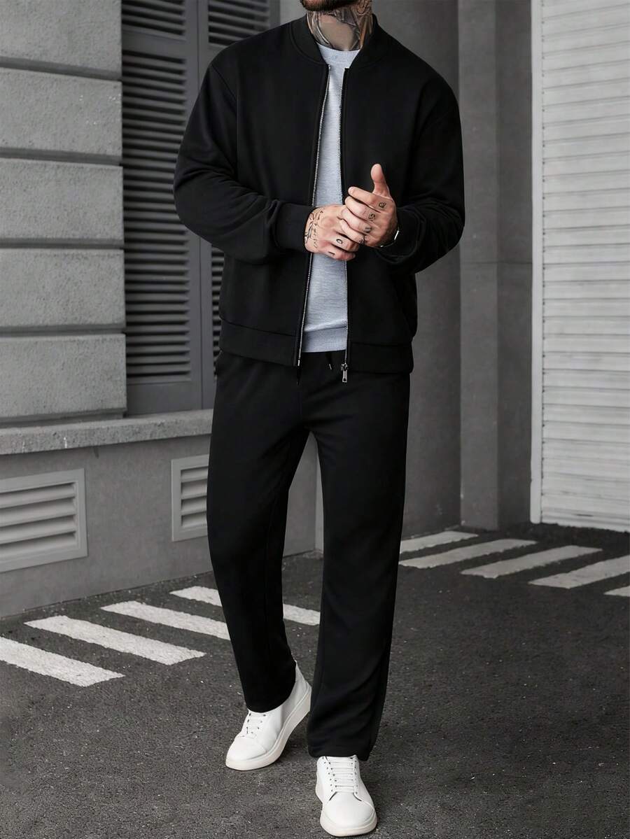 Manfinity CasualCool 男士纯色简约长袖外套和裤子套装,男士休闲西装,男士黑色正装裤,男士黑色西装套装,男士黑白搭配,复古风格,男士慢跑套装,适合日常休闲、周末旅行、户外活动、探险旅行、轻松的工作环境或半正式场合,可作为男友/丈夫礼物、周年纪念礼物、圣诞节服装、秋季服装。 - 黑色 - 查看 1