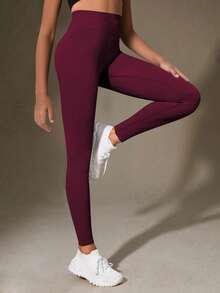 SHEIN Tween Girl High Waisted Ribbed Seamless Slim Leggings,Burgundy Red,Autumn,Athletic,Gym Sport Breathable 4-Way Stretch Legging For Yoga Running Cycling - Burgundy - View 3