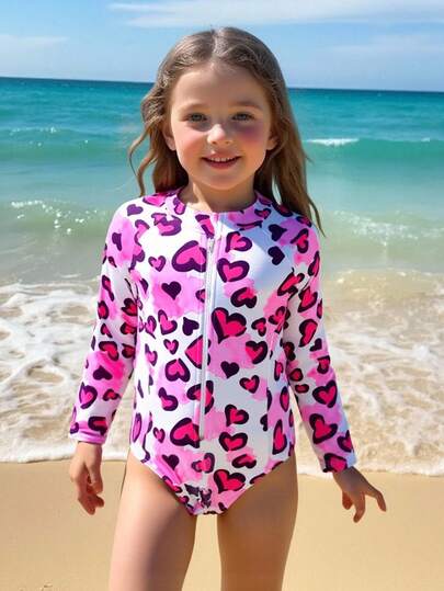 SHEIN Young Girl Heart Print One-Piece Swimsuit, Beach/Resort Long Sleeve Swim Suit Girls Rash Guard Swimsuit Girl Swimsuit Girls Cheetah Print Swimsuit Young Girl One Piece Swimsuit Winter Christmas Halloween Cardigan Sweater Autumn Fall Jumpers Sweaters Tops Dresses Christmas Jumper Cozy Pixies Prepcrw Christmas Outfit Halloween New Born Fall Winter Dress Halloween Bodysuit Stuff Halloween