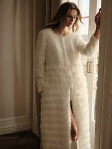 MOTF PREMIUM CONTRAST SEQUIN FLUFFY OVERCOAT - White - View 6