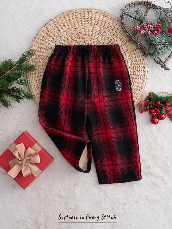 Cozy Pixies Baby Boy/Girl Cartoon Bear Decor Colorful Patch Elastic Waist Fleece Lined Pants, Comfortable, Versatile, Fashionable For Everyday Wear, Suitable For Autumn/Winter, Indoor, Outdoor, Daily, Sports, Play, Party, Festival, Halloween, Christmas, New Year