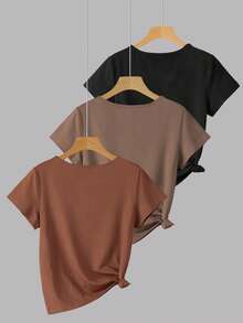 INAWLY 3pcs Women's V-Neck Short Sleeve T-Shirt, Classic Versatile Casual Tops, Minimalist Fashion, Suitable For Outdoor, Party, Student, Teacher, Daily Wear - Multicolor - View 2