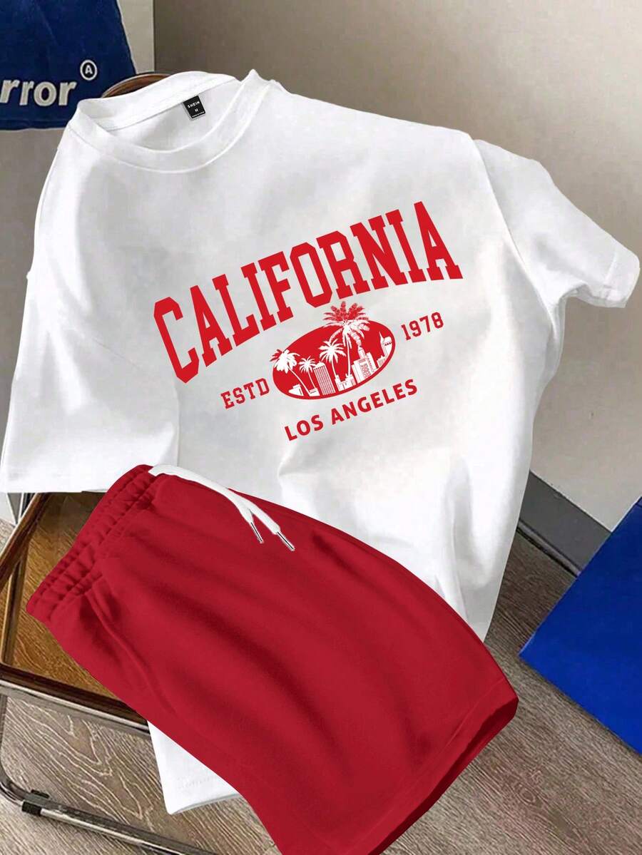 Manfinity Joysei Camiseta de Manga Curta com Gola Redonda e Estampa de Letra e Palmeira e Shorts Casuais Diários para Homens - Multicolorido - Visão 1