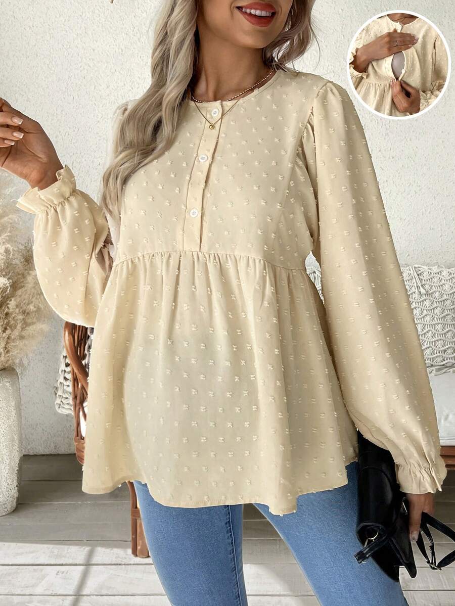 Momance 孕妇秋季简约瑞士圆点纽扣半开襟衬衫 - 杏色 - 查看 1