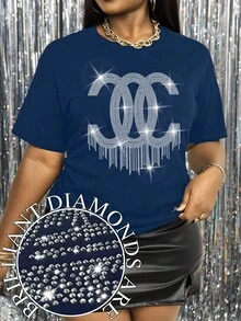 Maweii Camiseta de manga corta con eslogan y diamantes de imitación para mujer, tallas grandes - Azul Marino - Ver 3