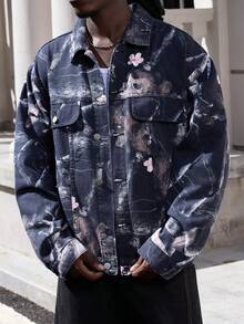 ROMWE MEN Street Life Men Loose Fit Contrast Color Floral Button Front Denim Jacket, Fashion & Versatile, Fall - Black - View 4