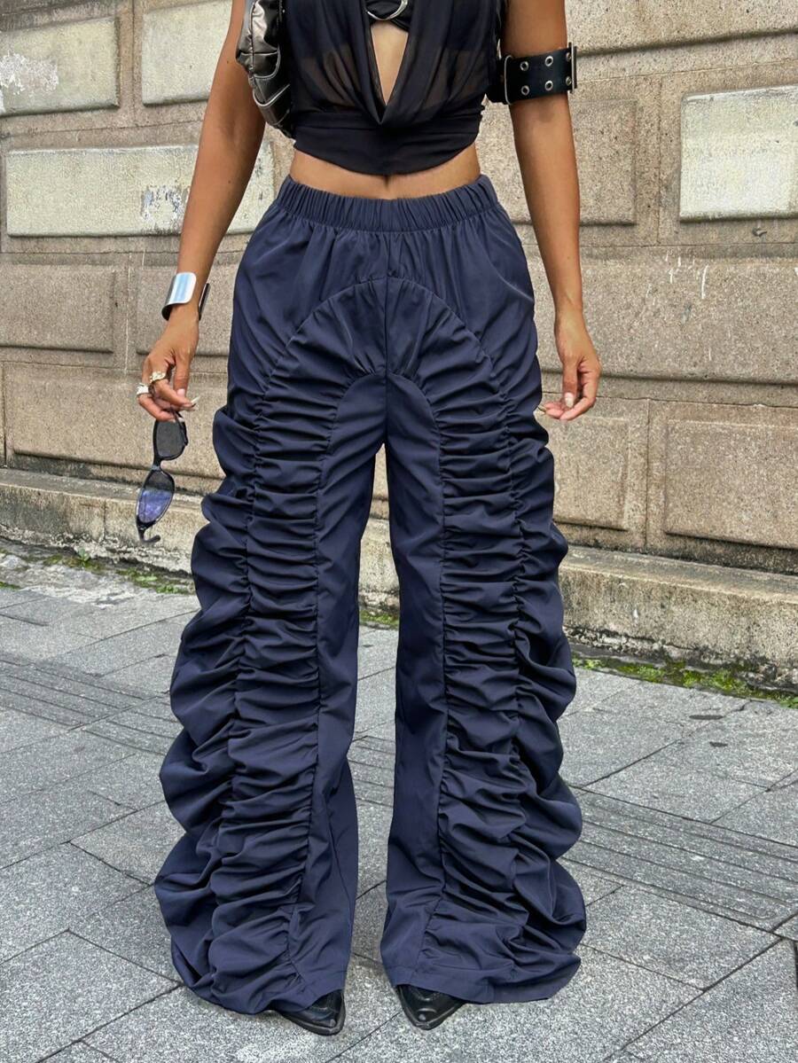 Coolane Women's Fall Streetwear Concert Rave Festival Going Out Renaissance Fair Clubs Pleated Navy Blue Straight Pants - Navy Blue - View 1