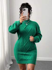 Elenzga Plus Size Elegant Cable Knit Bodycon Sweater Dress, Autumn/Winter - Green - View 4