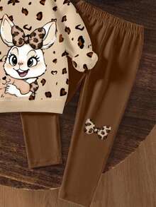 SHEIN 2pcs/Set Cute Sweet Young Girls Rabbit & Leopard Print Knit Soft Crew Neck Long Sleeve Sweatshirt And Leopard Print Leggings Set, Suitable For Autumn/Winter, Comfortable And Layerable, Fashionable Casual Wear, Graphic Design, Back To School, Outdoor Picnic, Street Photography, Campus, Holidays, Gift - Multicolor - View 6