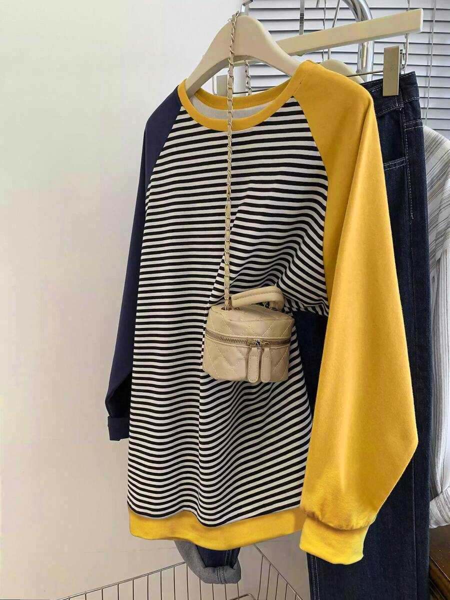 Resyla New Arrival Women's Autumn/Winter Striped Soft Comfortable Contrast Color Raglan Sleeve Crew Neck Sweatshirt - Multicolor - View 1