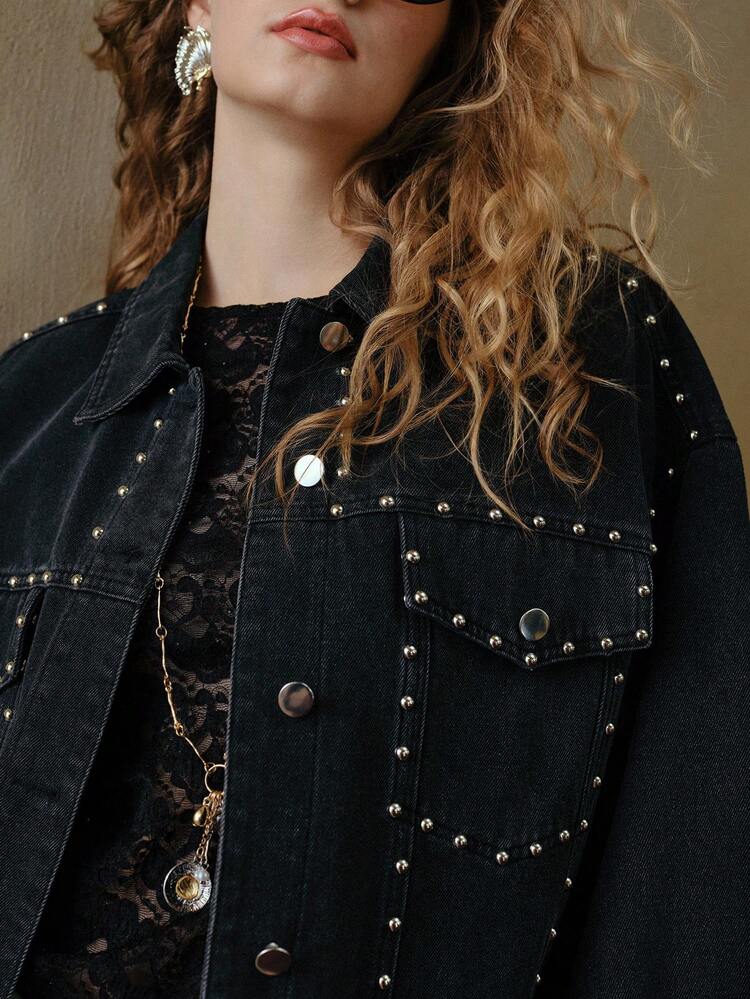 MOTF STUDIO LOOSE FIT WASHED RIVET DECOR BOHEMIAN BOHO DENIM JACKET