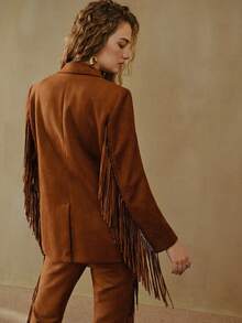 MOTF STUDIO SUEDE LOOSE FRINGE BOHEMIAN BOHO BLAZER - Brown - View 8